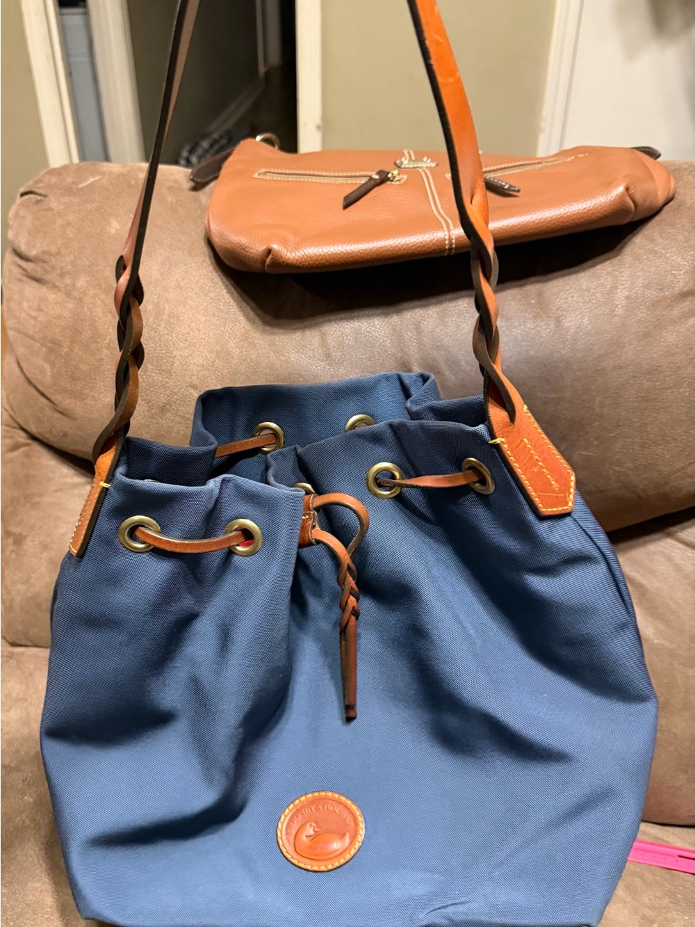 Dooney & Bourke Navy Canvas Drawstring Shoulder Bag with Tan Trim
